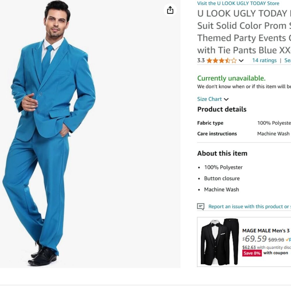 Men's Party Suit Solid Blue Prom Suit for Themed Party Events With Tie Pants XXL